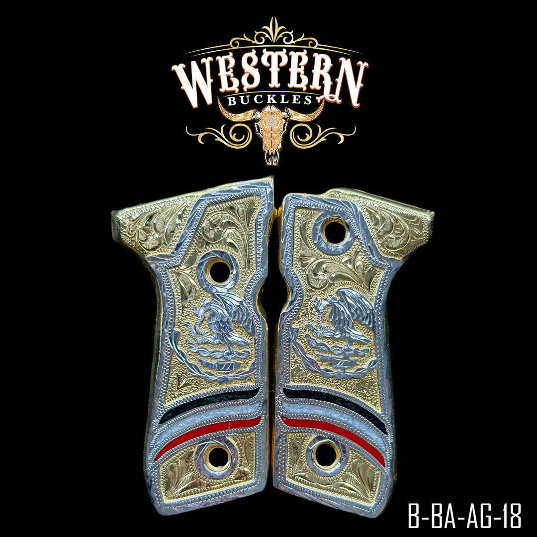 Beretta 92FS Eagle Gun Grips — 24K Gold Plated & .925 Silver Plated | Handcrafted by Western Buckles | SKU B-BA-AG-18