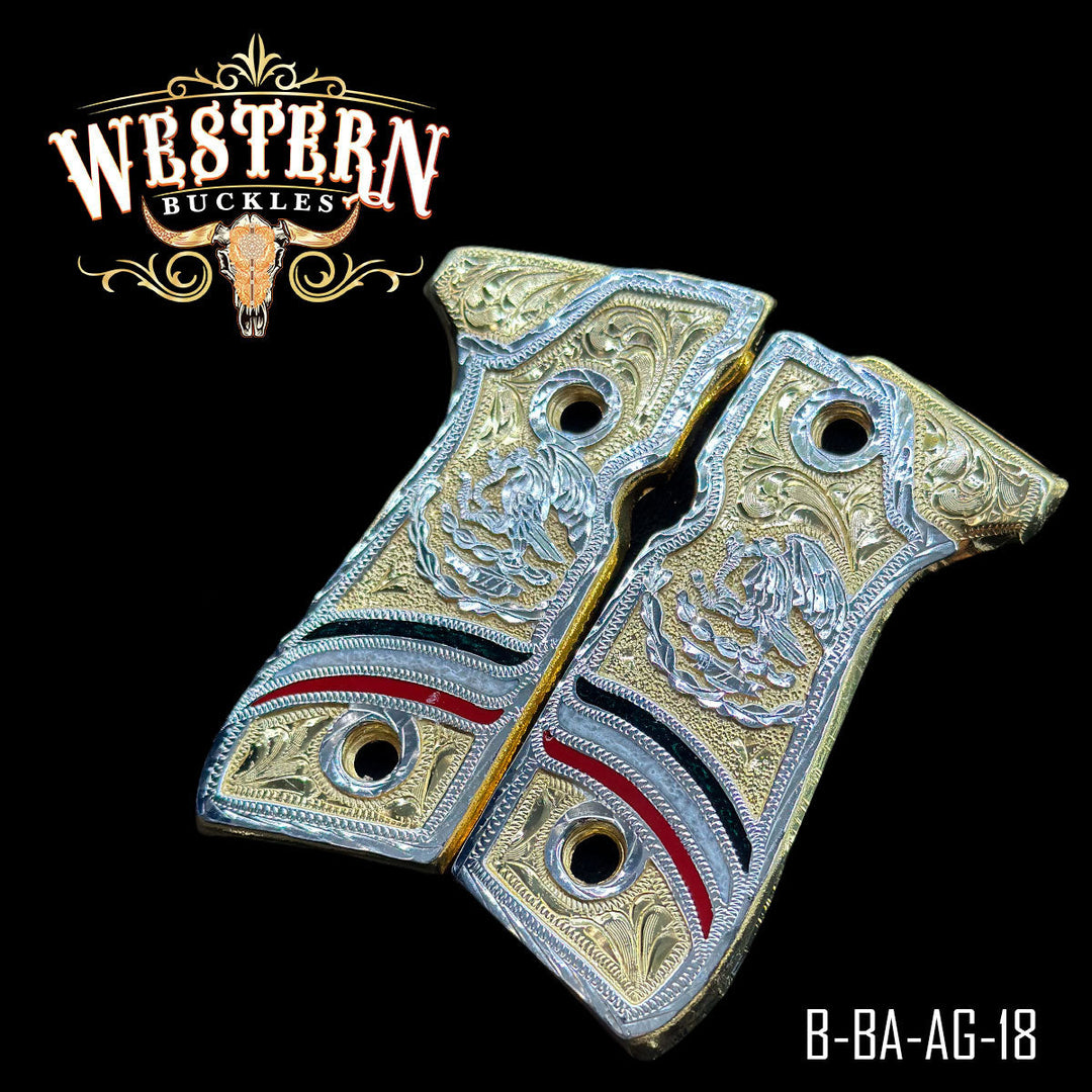 Beretta 92FS Eagle Gun Grips — 24K Gold Plated &amp; .925 Silver Plated — Detail View | Western Buckles Handcrafted | SKU B-BA-AG-18