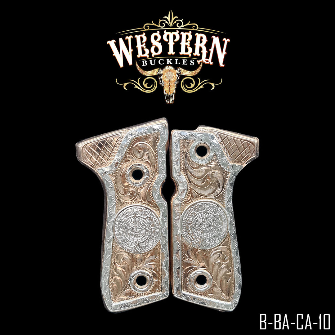 Beretta 92FS Aztec Calendar Gun Grips — Hand-Engraved | Handcrafted by Western Buckles | SKU B-BA-CA-10