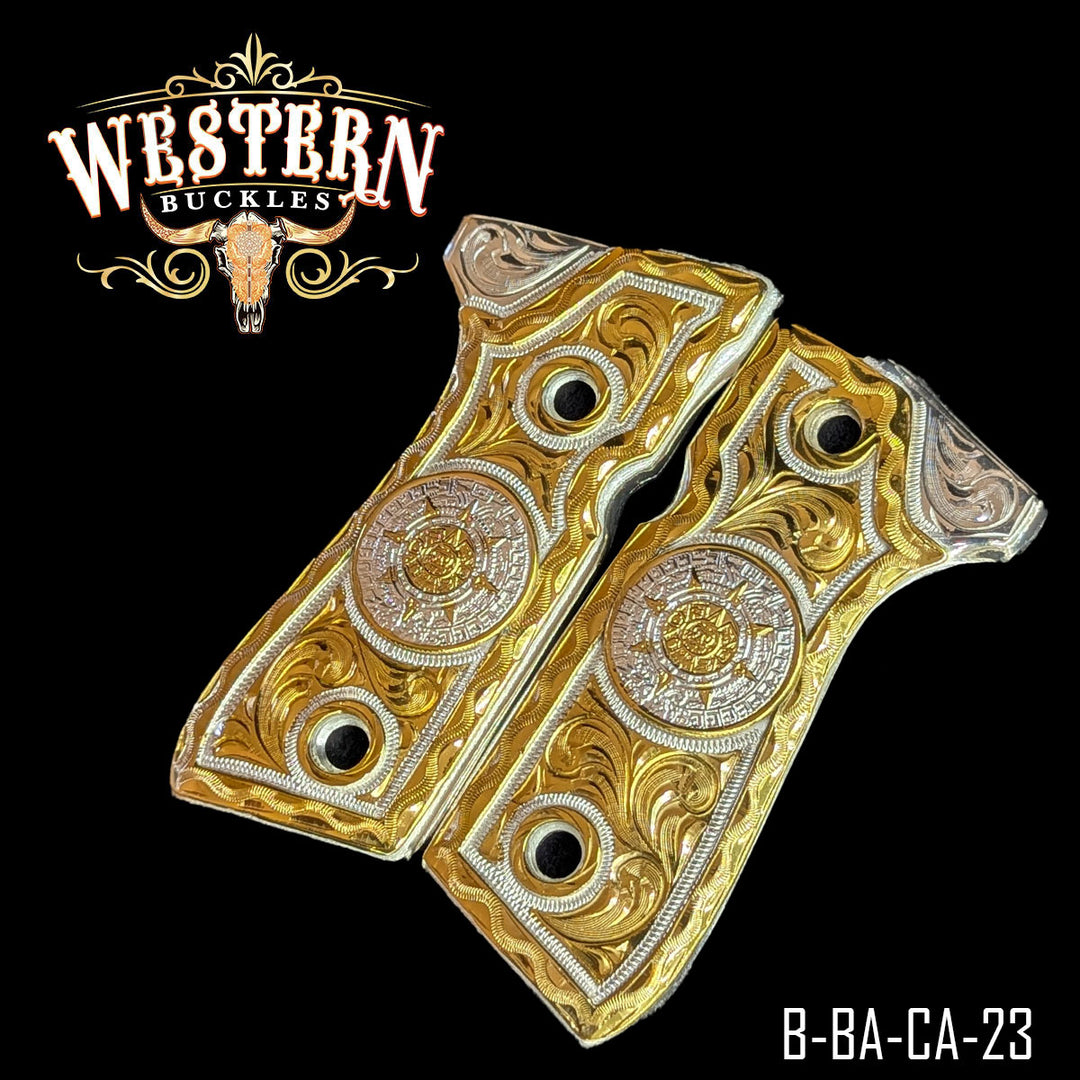 Beretta 92FS Aztec Calendar Cachas — Detail View | Western Buckles Handcrafted | SKU B-BA-CA-23