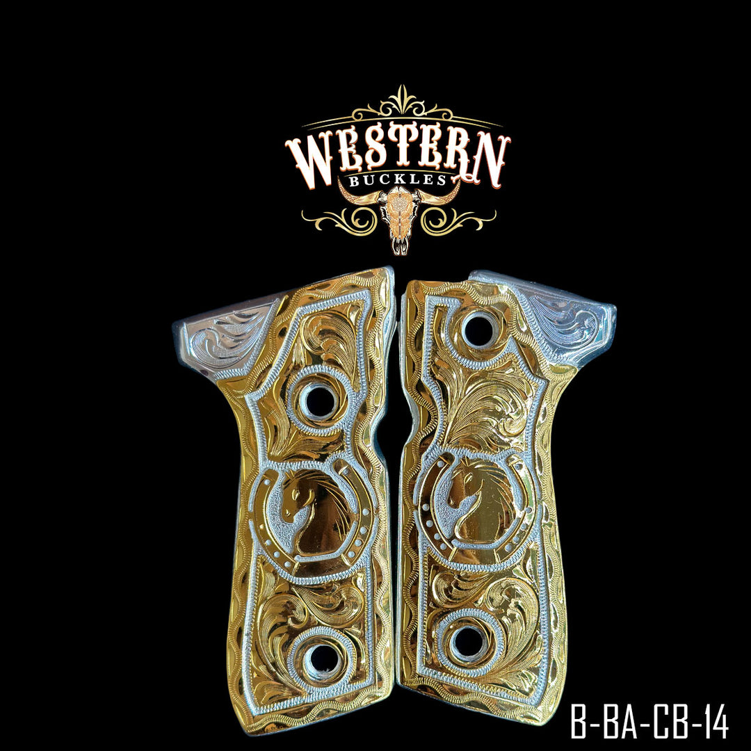 Beretta 92FS Horse Gun Grips — 24K Gold Plated &amp; .925 Silver Plated | Handcrafted by Western Buckles | SKU B-BA-CB-14
