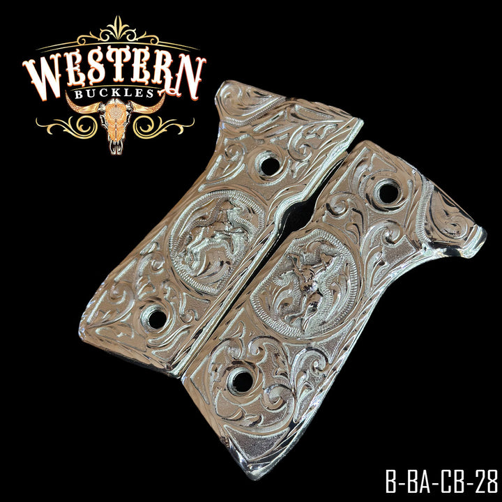 Beretta 92FS Horse Gun Grips — .925 Silver Plated — Detail View | Western Buckles Handcrafted | SKU B-BA-CB-28