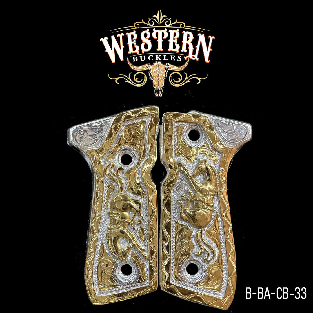 Beretta 92FS Horse Gun Grips — 24K Gold Plated | Handcrafted by Western Buckles | SKU B-BA-CB-33