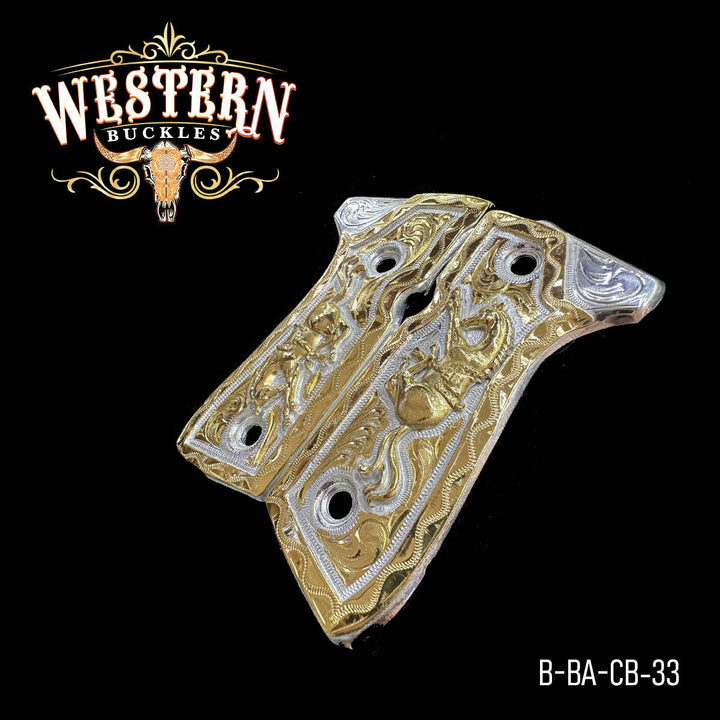 Beretta 92FS Horse Gun Grips — 24K Gold Plated — Detail View | Western Buckles Handcrafted | SKU B-BA-CB-33