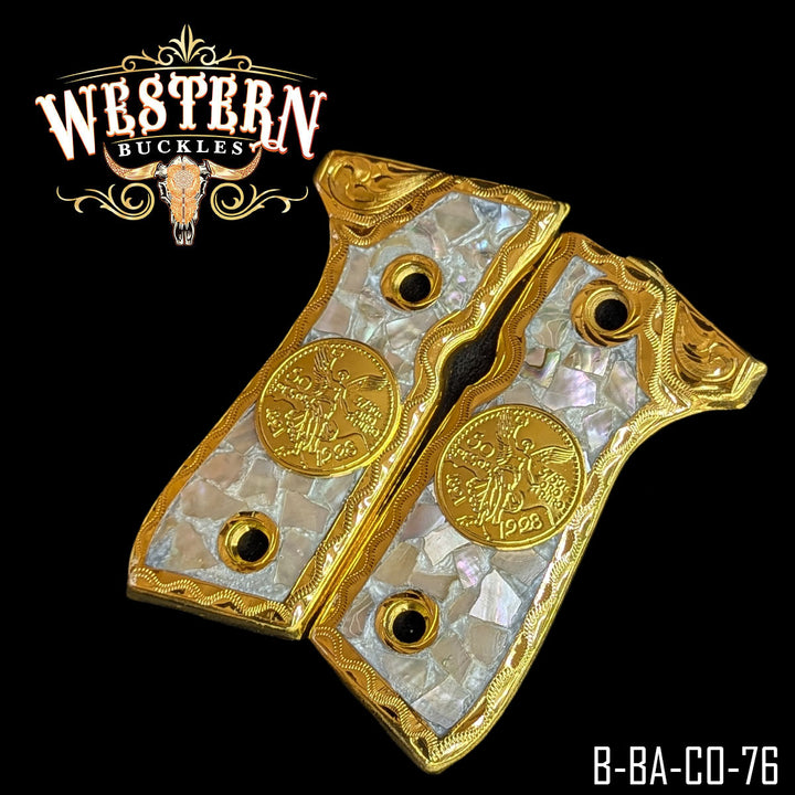 Beretta 92FS Centenario Gun Grips — Artisan Resin | 24K Gold Plated — Detail View | Western Buckles Handcrafted | SKU B-BA-CO-76