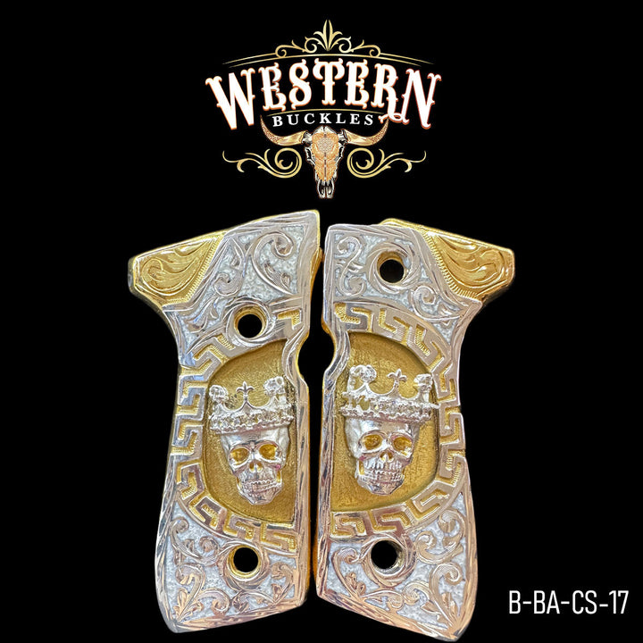 Beretta Skull Gun Grips — Artisan Resin | 24K Gold Plated &amp; .925 Silver Plated | Handcrafted by Western Buckles | SKU B-BA-CS-17