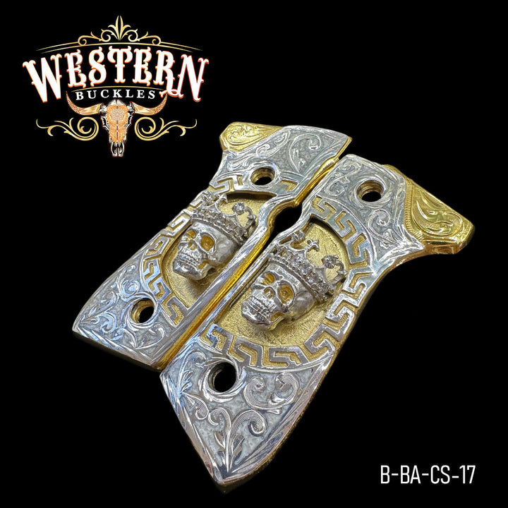 Beretta Skull Gun Grips — Artisan Resin | 24K Gold Plated &amp; .925 Silver Plated — Detail View | Western Buckles Handcrafted | SKU B-BA-CS-17