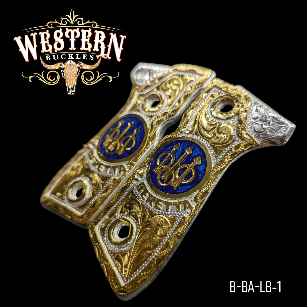 Custom engraved gold and silver Beretta pistol grips with blue accents, ornate western style.