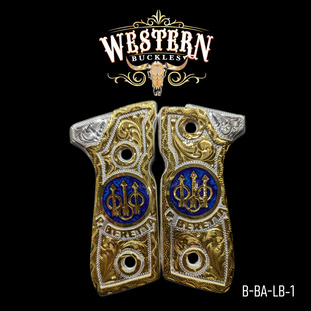 Engraved gold and silver Beretta pistol grips with blue emblem, western style design