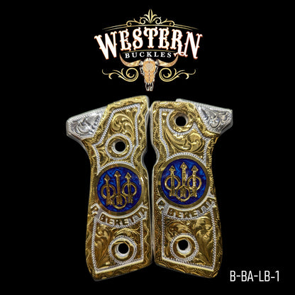 Engraved gold and silver Beretta pistol grips with blue emblem, western style design