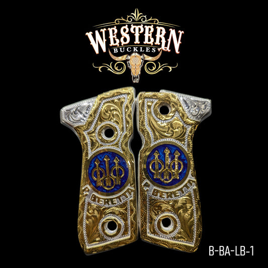 Engraved gold and silver Beretta pistol grips with blue emblem, western style design