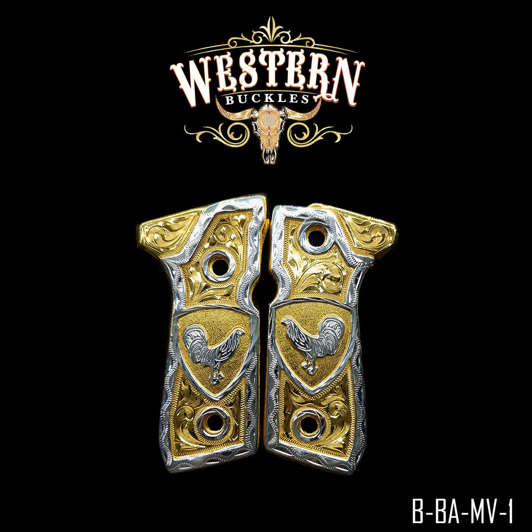 Beretta 92FS Rooster Cachas — Hand-Engraved | Handcrafted by Western Buckles | SKU B-BA-MV-1