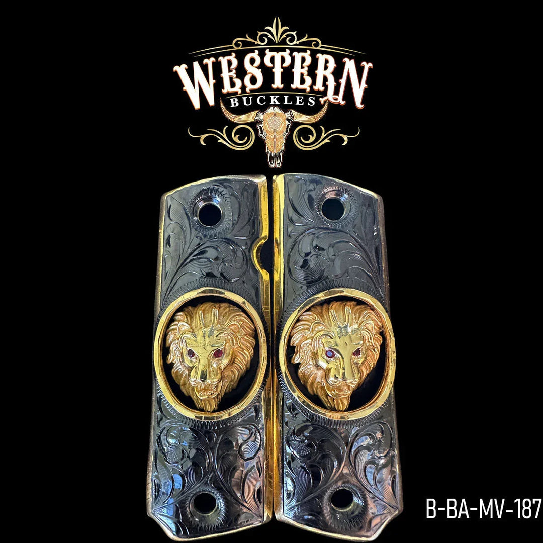 Custom Colt 1911 pistol grips with gold lion head design and engraved black details