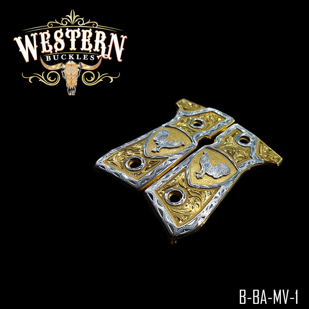 Beretta 92FS Rooster Cachas — Hand-Engraved — Detail View | Western Buckles Handcrafted | SKU B-BA-MV-1