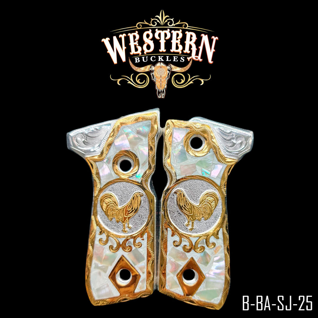 Beretta 92 Rooster Gun Grips — 24K Gold Plated | Handcrafted by Western Buckles | SKU B-BA-MV-25