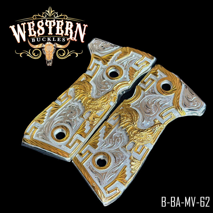 Beretta 92FS Rooster Cachas — Detail View | Western Buckles Handcrafted | SKU B-BA-MV-62