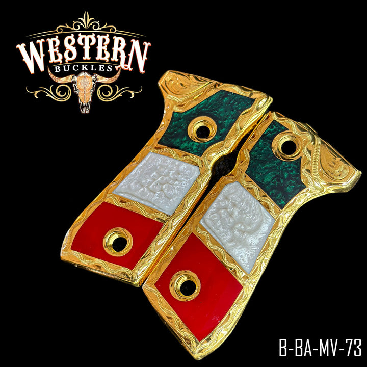 Beretta 92FS Cachas — Artisan Resin | 24K Gold Plated — Detail View | Western Buckles Handcrafted | SKU B-BA-MV-73
