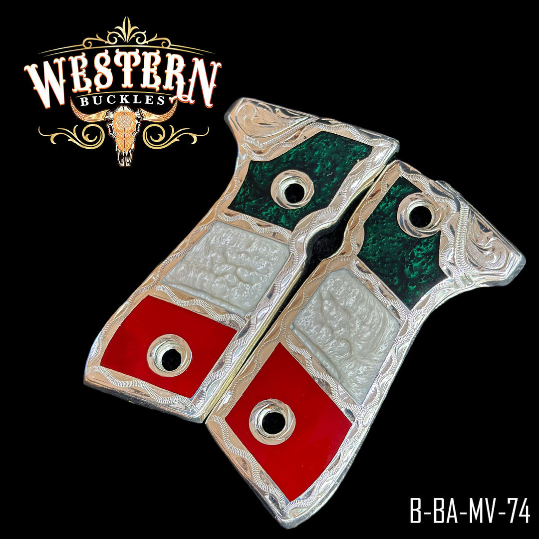 Beretta 92FS Gun Grips — Artisan Resin | .925 Silver Plated — Detail View | Western Buckles Handcrafted | SKU B-BA-MV-74