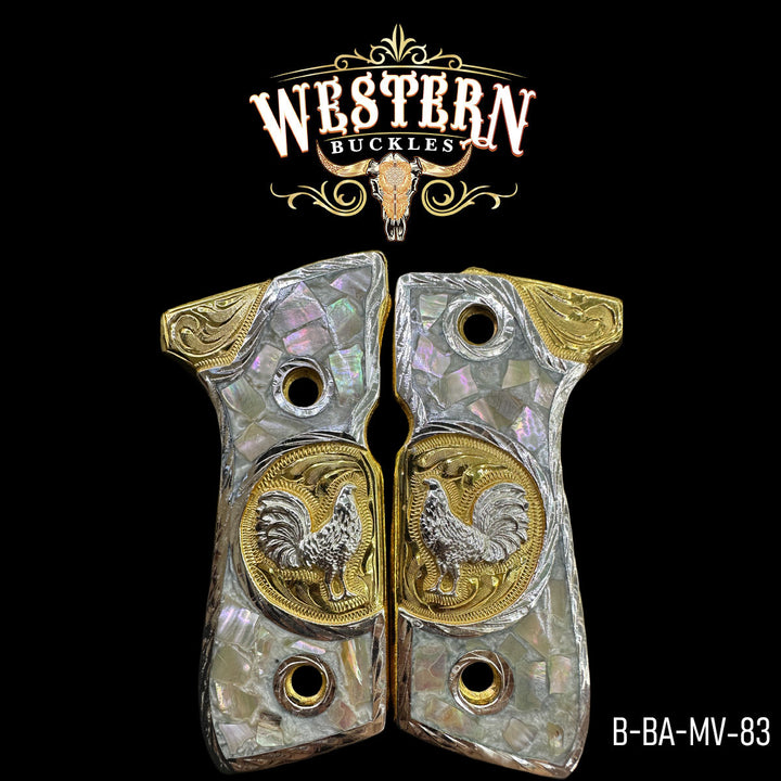 Beretta Rooster Gun Grips — Artisan Resin | 24K Gold Plated | Handcrafted by Western Buckles | SKU B-BA-MV-83