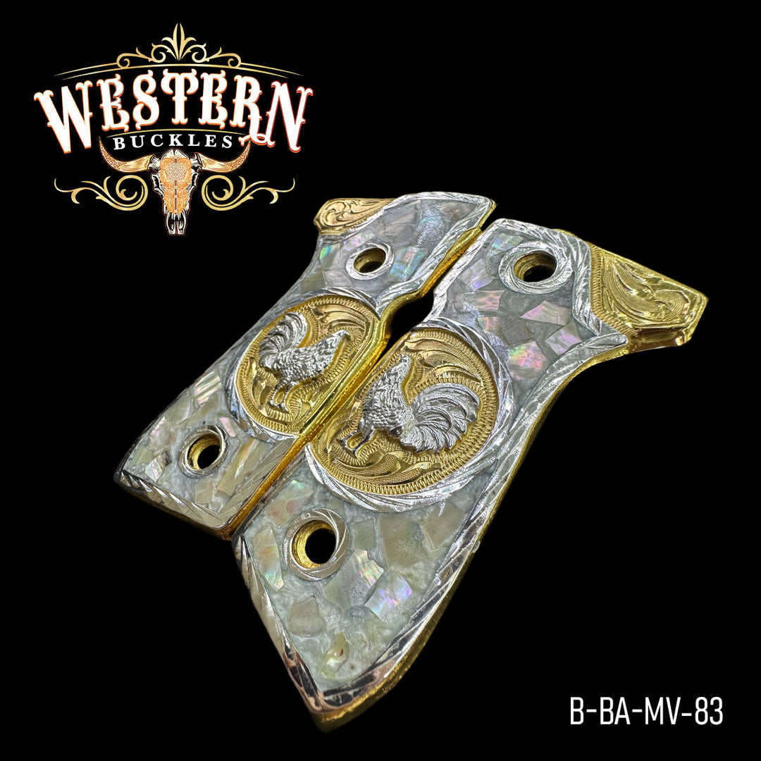 Beretta Rooster Gun Grips — Artisan Resin | 24K Gold Plated — Detail View | Western Buckles Handcrafted | SKU B-BA-MV-83