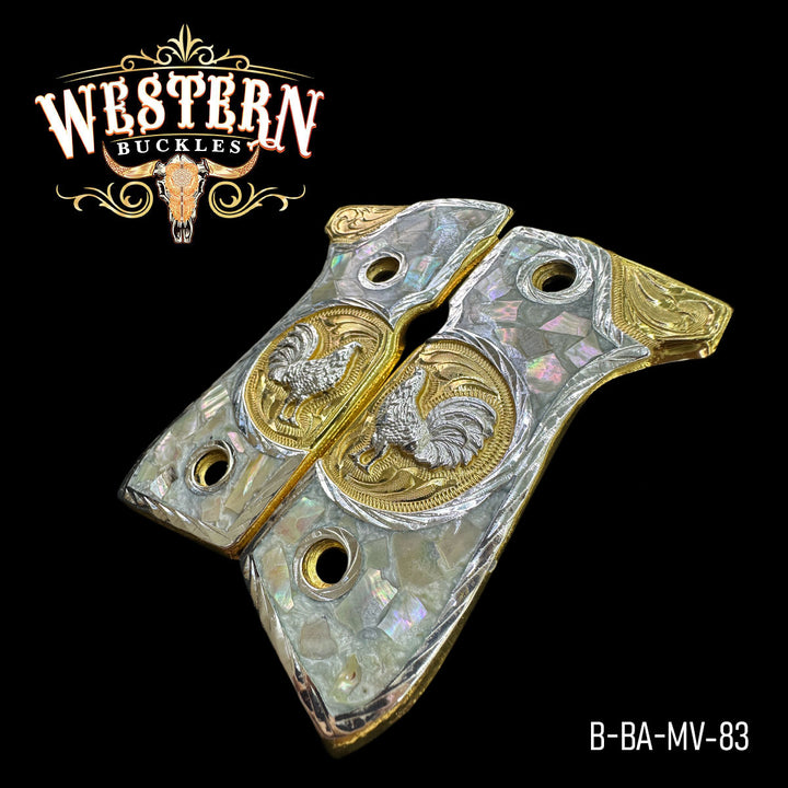 Beretta Rooster Gun Grips — Artisan Resin | 24K Gold Plated — Detail View | Western Buckles Handcrafted | SKU B-BA-MV-83