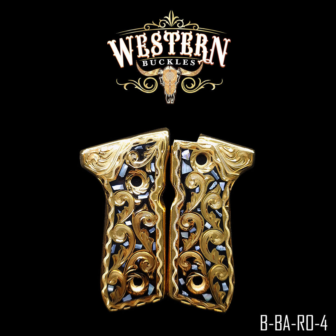 Beretta 92FS Cachas — Hand-Engraved | Nácar | Handcrafted by Western Buckles | SKU B-BA-RO-4