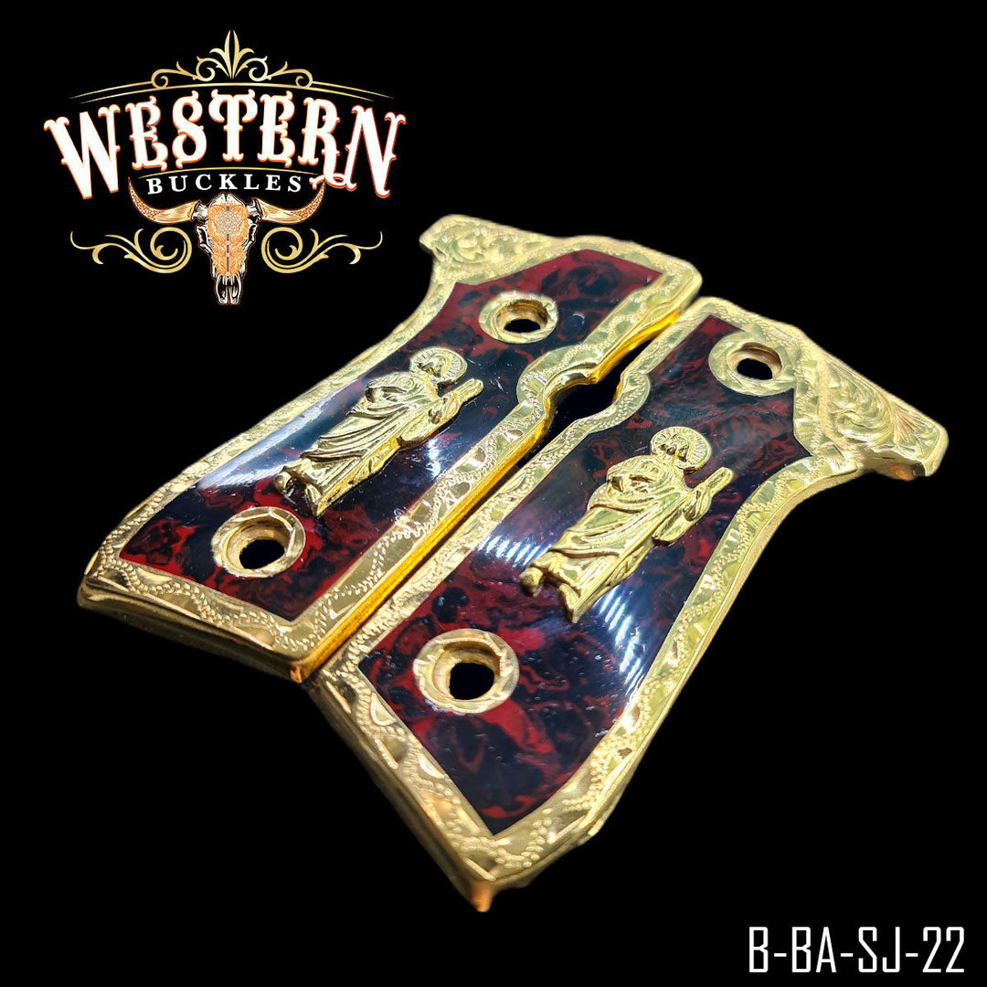 Beretta 92FS San Judas Gun Grips — Artisan Resin — Detail View | Western Buckles Handcrafted | SKU B-BA-SJ-22