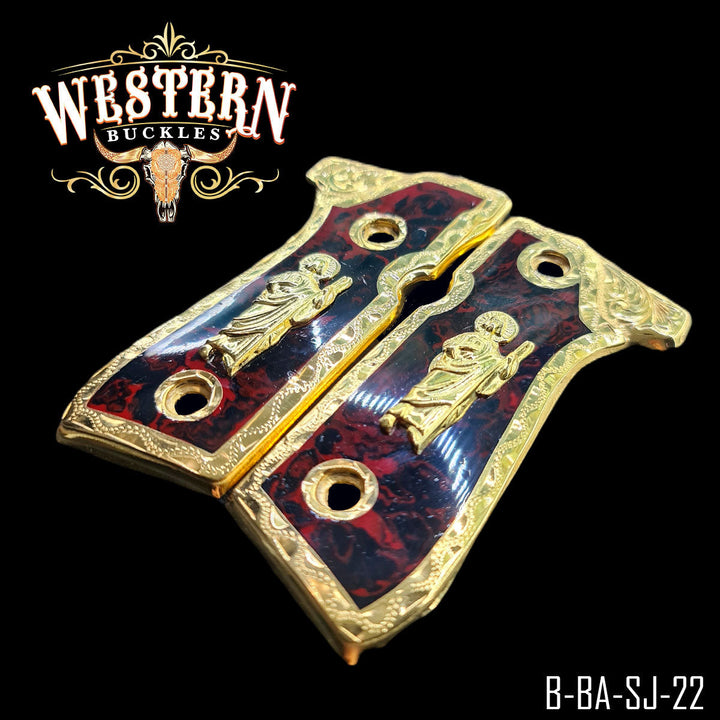 Beretta 92FS San Judas Gun Grips — Artisan Resin — Detail View | Western Buckles Handcrafted | SKU B-BA-SJ-22