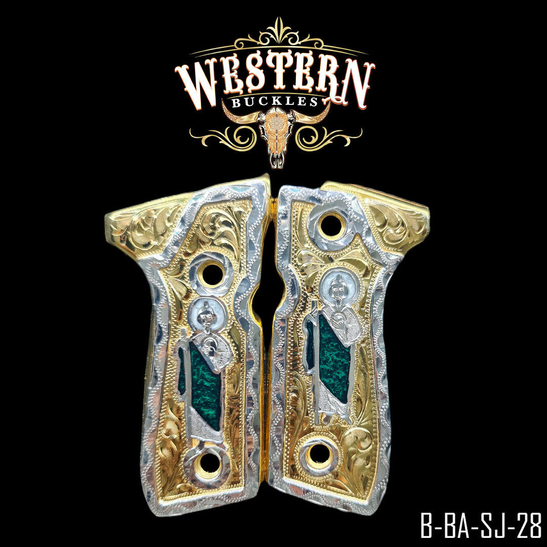 Beretta 92FS San Judas Gun Grips — 24K Gold Plated & .925 Silver Plated | Handcrafted by Western Buckles | SKU B-BA-SJ-28