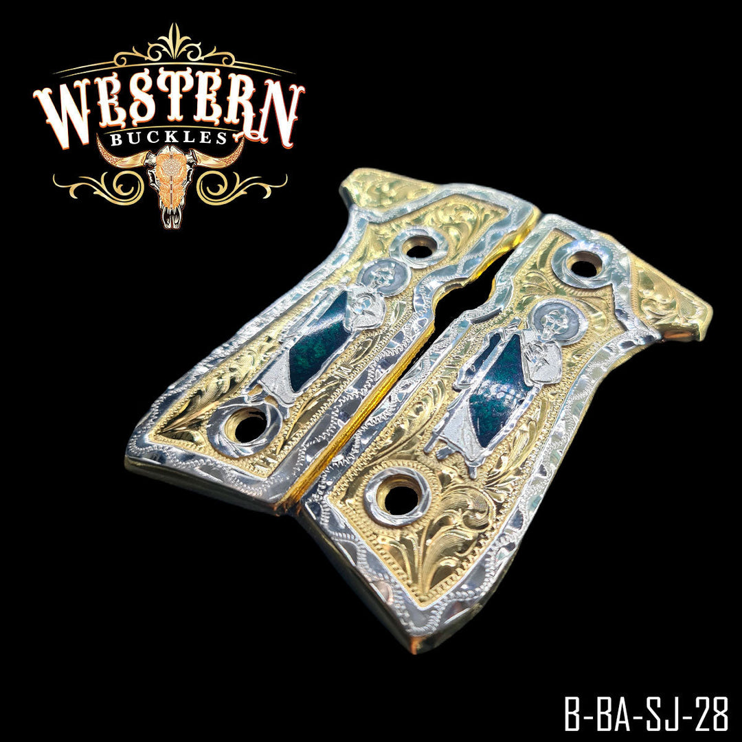 Beretta 92FS San Judas Gun Grips — 24K Gold Plated &amp; .925 Silver Plated — Detail View | Western Buckles Handcrafted | SKU B-BA-SJ-28