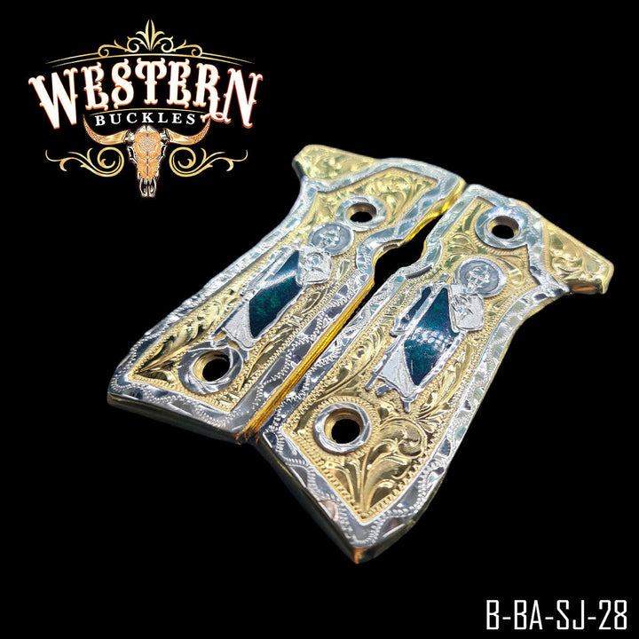 Beretta 92FS San Judas Gun Grips — 24K Gold Plated &amp; .925 Silver Plated — Detail View | Western Buckles Handcrafted | SKU B-BA-SJ-28