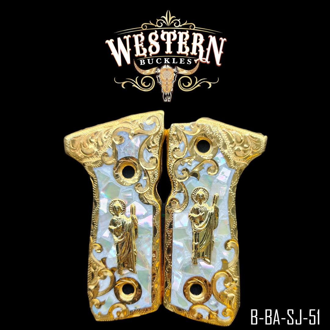Beretta 92FS San Judas Gun Grips — Hand-Engraved | Handcrafted by Western Buckles | SKU B-BA-SJ-51