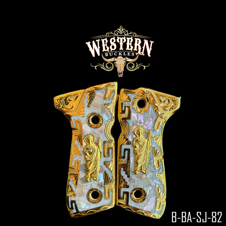 Beretta 92FS San Judas Cachas — 24K Gold Plated | Handcrafted by Western Buckles | SKU B-BA-SJ-82
