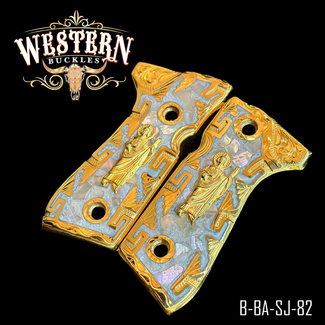 Beretta 92FS San Judas Cachas — 24K Gold Plated — Detail View | Western Buckles Handcrafted | SKU B-BA-SJ-82
