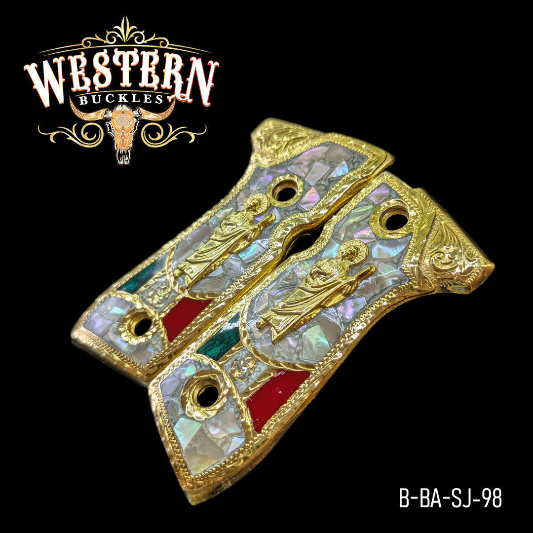 Beretta 92FS San Judas Gun Grips — Detail View | Western Buckles Handcrafted | SKU B-BA-SJ-98