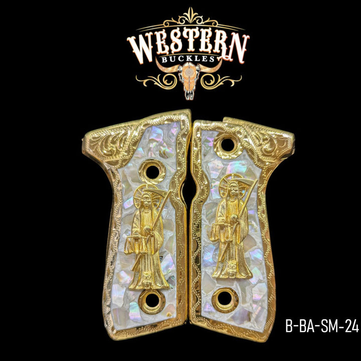 Santa Muerte Grips for Beretta 92FS — 24K Gold-Plated with Mother-of-Pearl