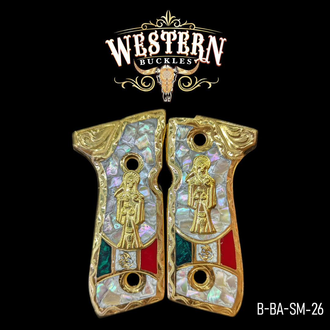 Beretta 92FS Santa Muerte Gun Grips | Handcrafted by Western Buckles | SKU B-BA-SM-26