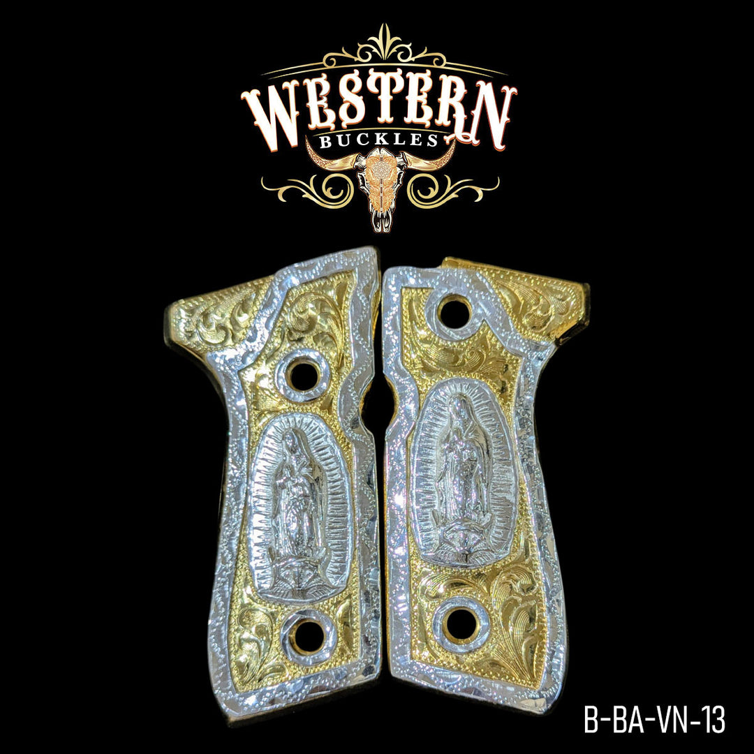 Beretta 92FS Virgin of Guadalupe Gun Grips — 24K Gold Plated & .925 Silver Plated | Handcrafted by Western Buckles | SKU B-BA-VN-13