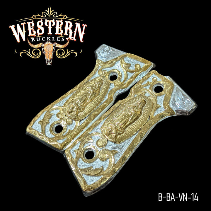 Beretta 92FS Virgin of Guadalupe Gun Grips — Hand-Engraved | 24K Gold Plated &amp; .925 Silver Plated — Detail View | Western Buckles Handcrafted | SKU B-BA-VN-14