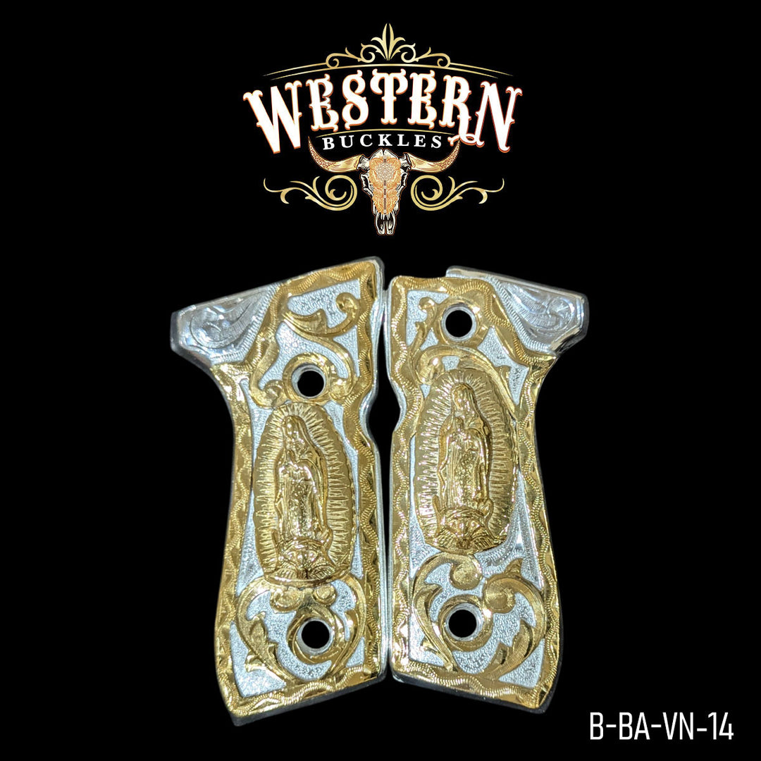 Beretta 92FS Virgin of Guadalupe Gun Grips — Hand-Engraved | 24K Gold Plated & .925 Silver Plated | Handcrafted by Western Buckles | SKU B-BA-VN-14