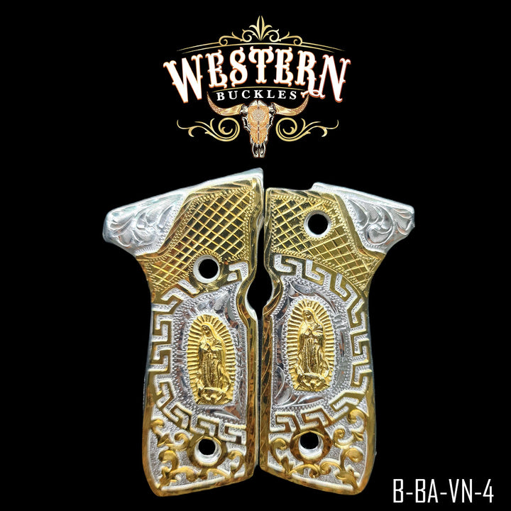 Beretta Virgin of Guadalupe Gun Grips — 24K Gold Plated | Handcrafted by Western Buckles | SKU B-BA-VN-4