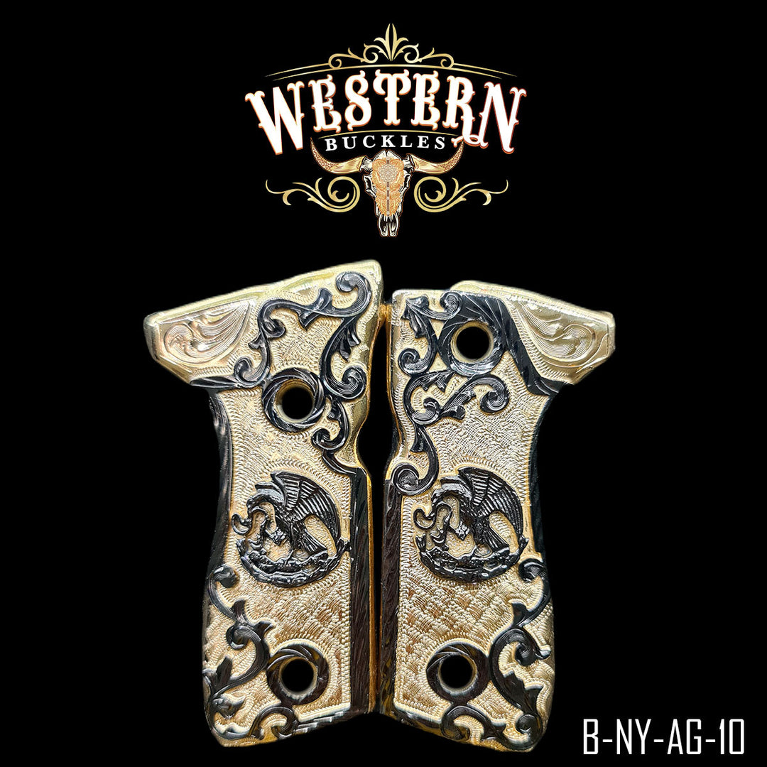 Beretta 92FS Eagle Cachas — 24K Gold Plated & Nickel | Handcrafted by Western Buckles | SKU B-NY-AG-10