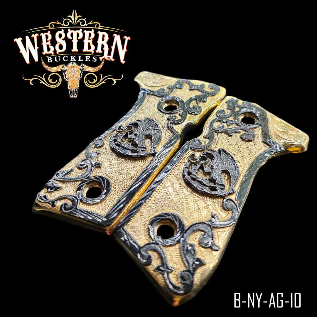 Beretta 92FS Eagle Cachas — 24K Gold Plated &amp; Nickel — Detail View | Western Buckles Handcrafted | SKU B-NY-AG-10
