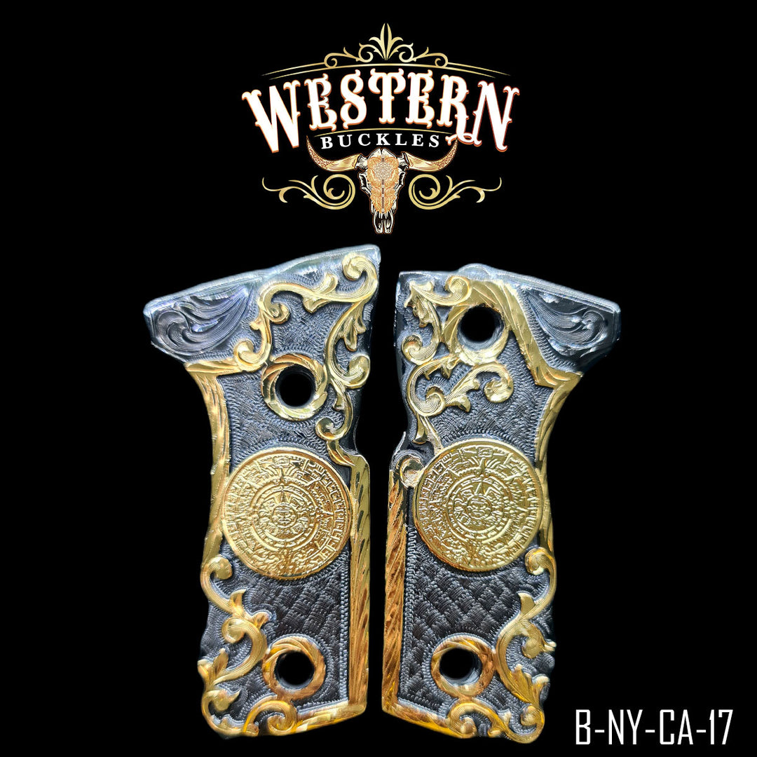 Beretta 92FS Aztec Calendar Cachas — Hand-Engraved | Handcrafted by Western Buckles | SKU B-NY-CA-17