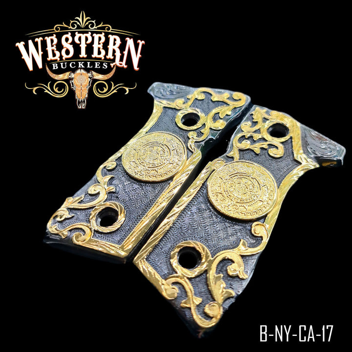 Beretta 92FS Aztec Calendar Cachas — Hand-Engraved — Detail View | Western Buckles Handcrafted | SKU B-NY-CA-17