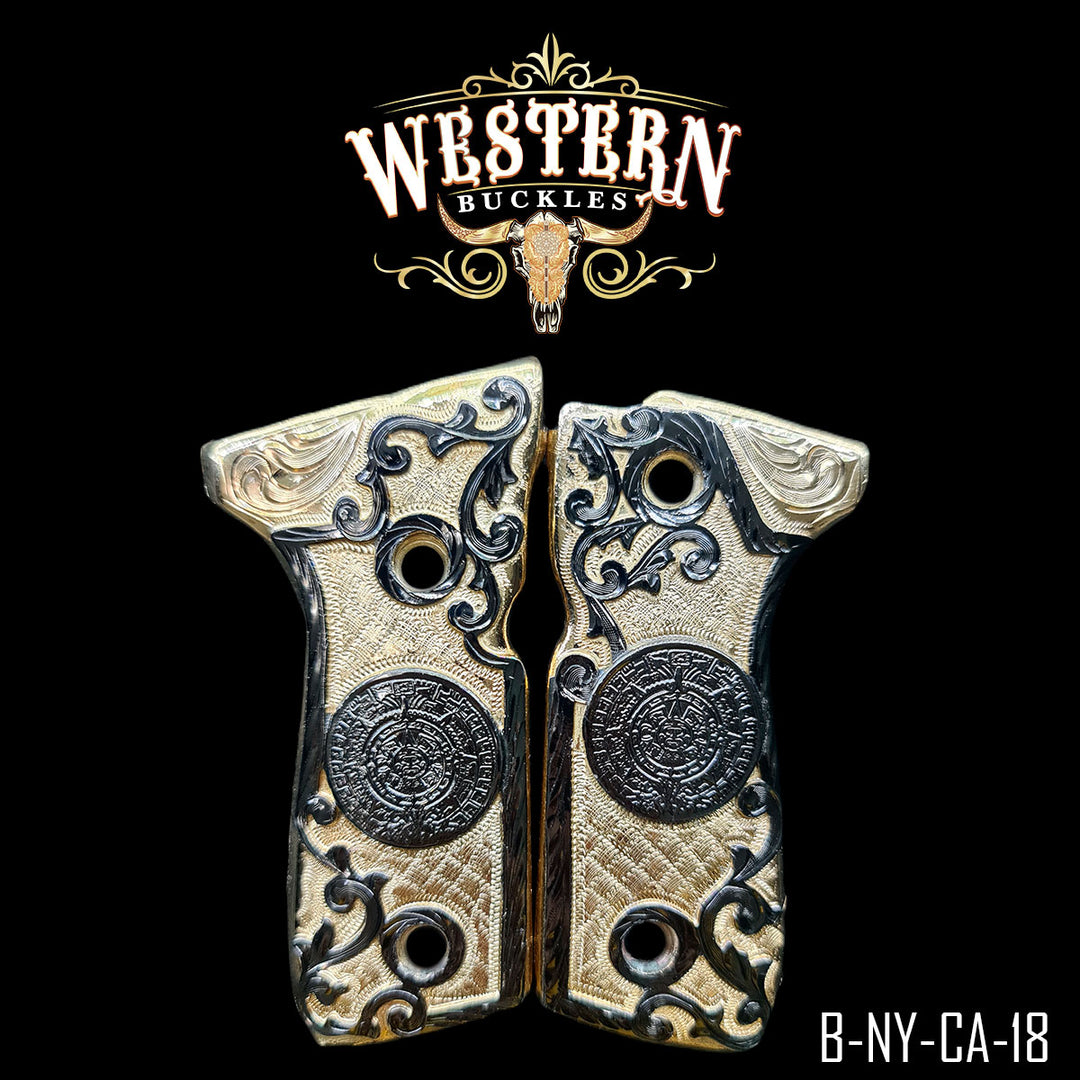Beretta 92FS Aztec Calendar Cachas — Hand-Engraved | Handcrafted by Western Buckles | SKU B-NY-CA-18