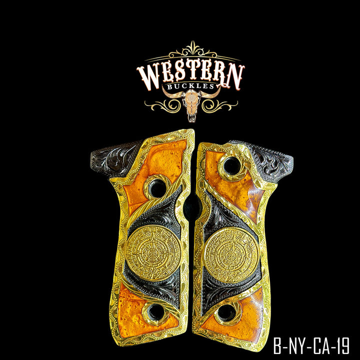 Beretta 92FS Aztec Calendar Cachas — Hand-Engraved | Handcrafted by Western Buckles | SKU B-NY-CA-19