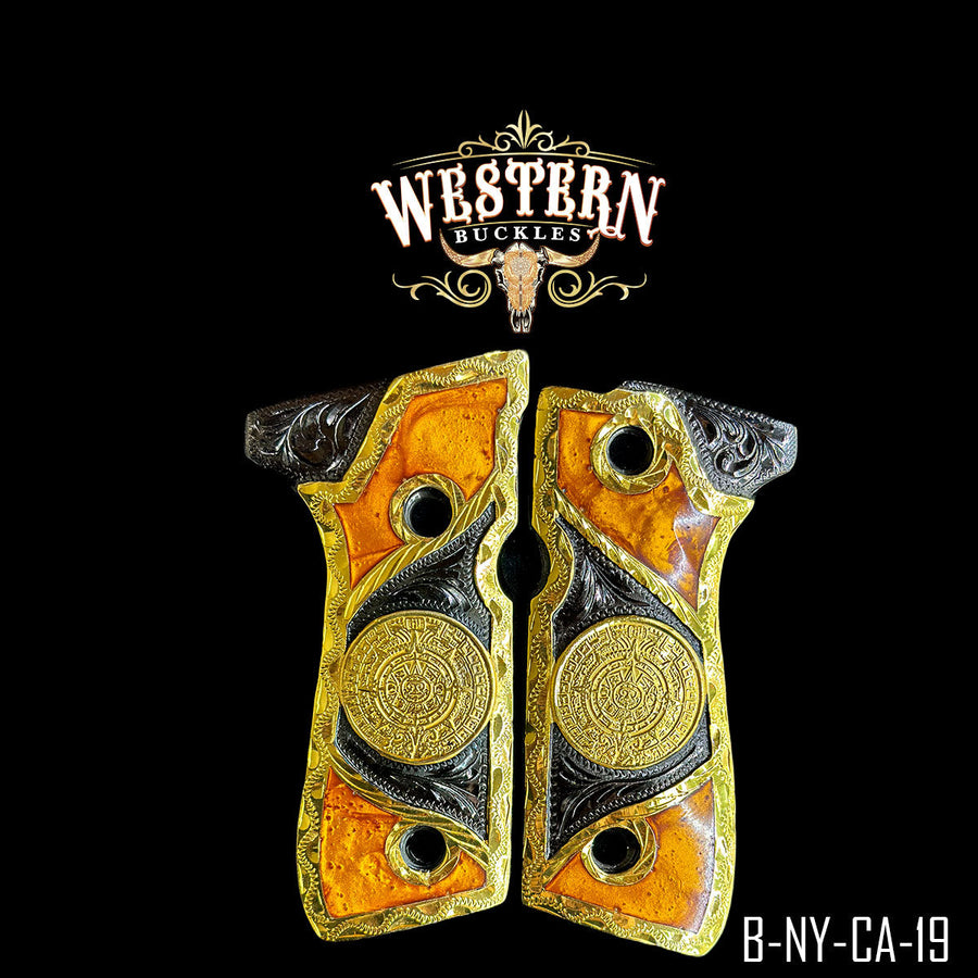 Aztec Calendar (Calendario) Custom Grips for Beretta 92FS — 24K Gold-Plated with Artisan Resin