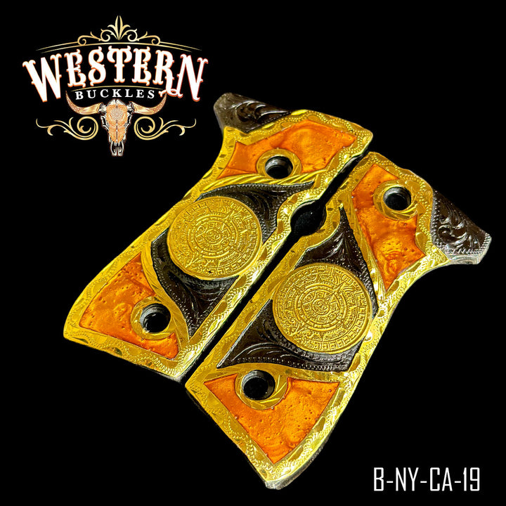 Beretta 92FS Aztec Calendar Cachas — Hand-Engraved — Detail View | Western Buckles Handcrafted | SKU B-NY-CA-19
