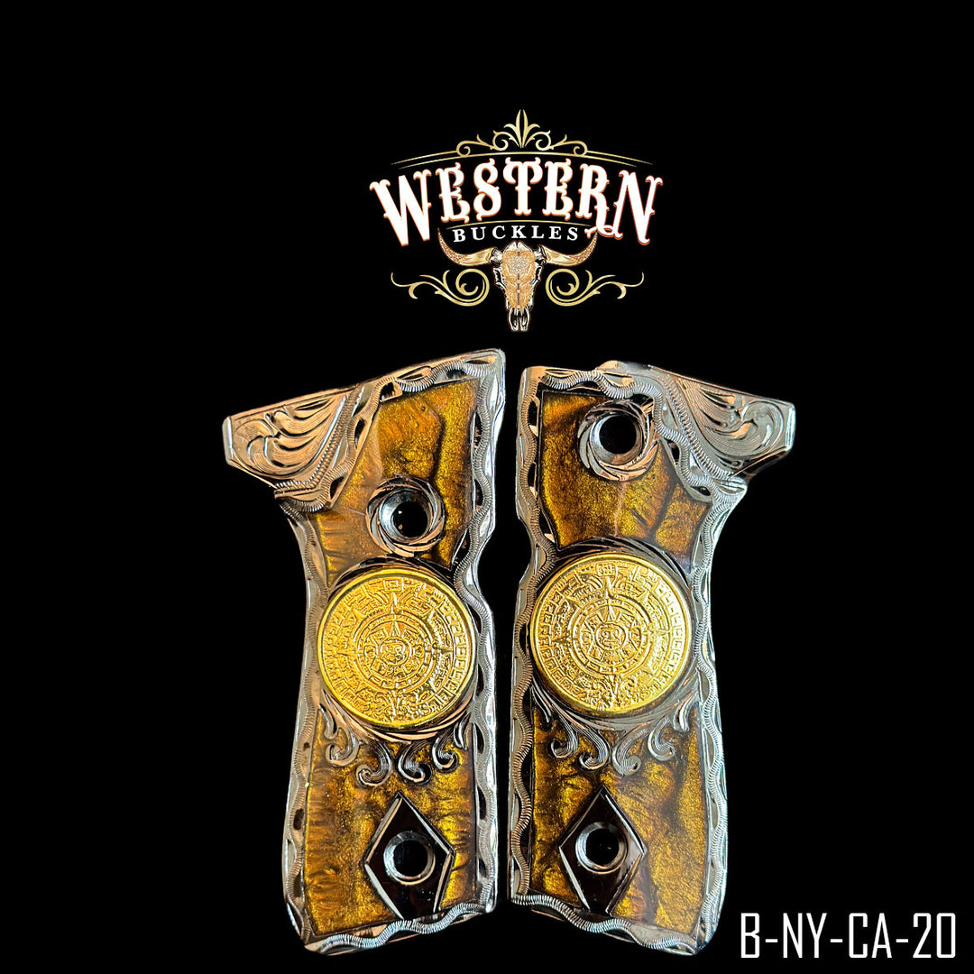 Beretta 92FS Aztec Calendar Cachas — Artisan Resin | Handcrafted by Western Buckles | SKU B-NY-CA-20